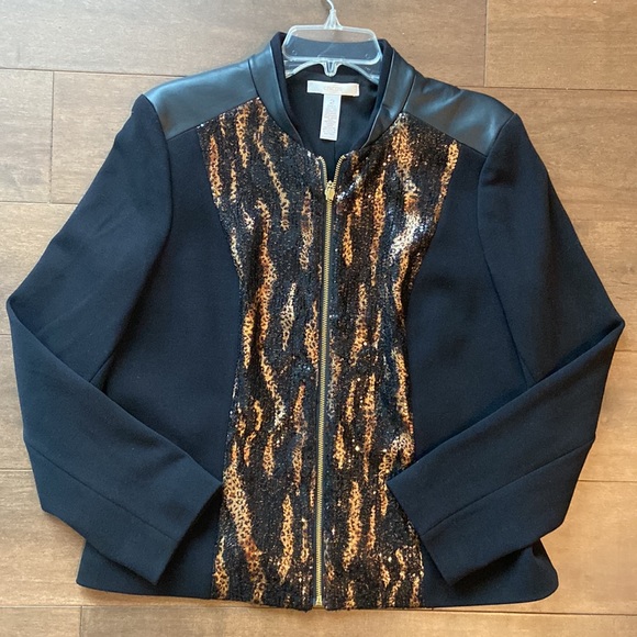 Chico’s Black Semi fitted gold zipper coat with hints of gold & sequins size 12 - Picture 1 of 8